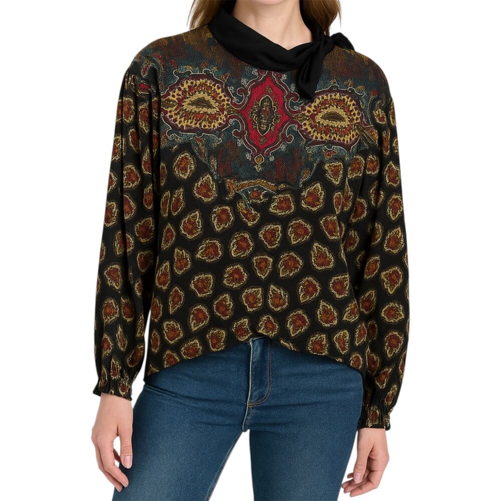 Vintage Diane Freis Blouse Paisley Floral Bow Collar Italian Wool Multicolor L